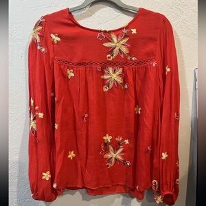 Fig and Flower Embroidered Floral Pullover Long Sleeves Blouse Top Size L